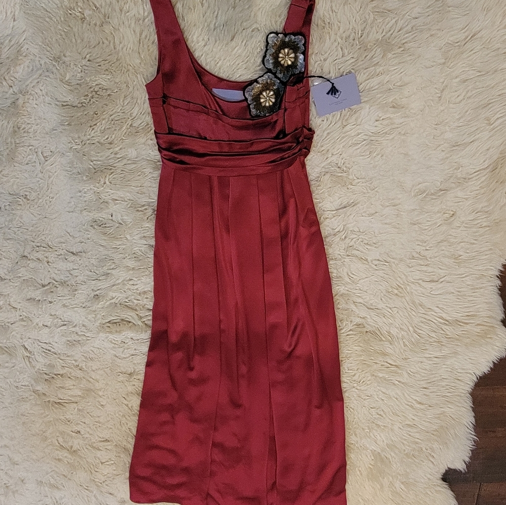 Vera Wang Satin evening dress with embellished flower and bow tie